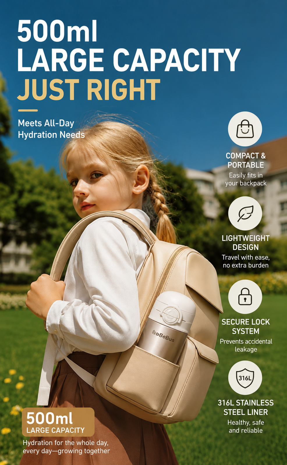 BeBeBus Crystal Kids Insulated Water Bottle 500ML BeBeBus